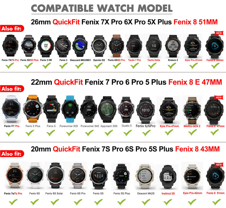 QuickFit Silicone Band for Garmin Fenix & Epix (20-26mm)