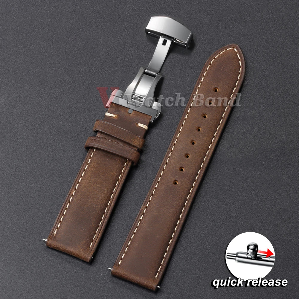 Genuine Calfskin Leather Watch Band 14–24mm for Omega & Seiko (Butterfly Buckle, Brown)