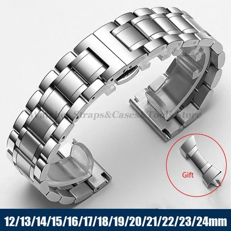 Curved-End Stainless Steel Watch Strap – 12–24mm, Butterfly Clasp