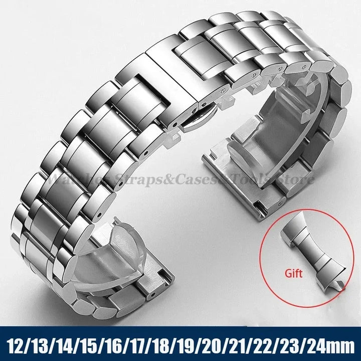 Curved-End Stainless Steel Watch Strap – 12–24mm, Butterfly Clasp