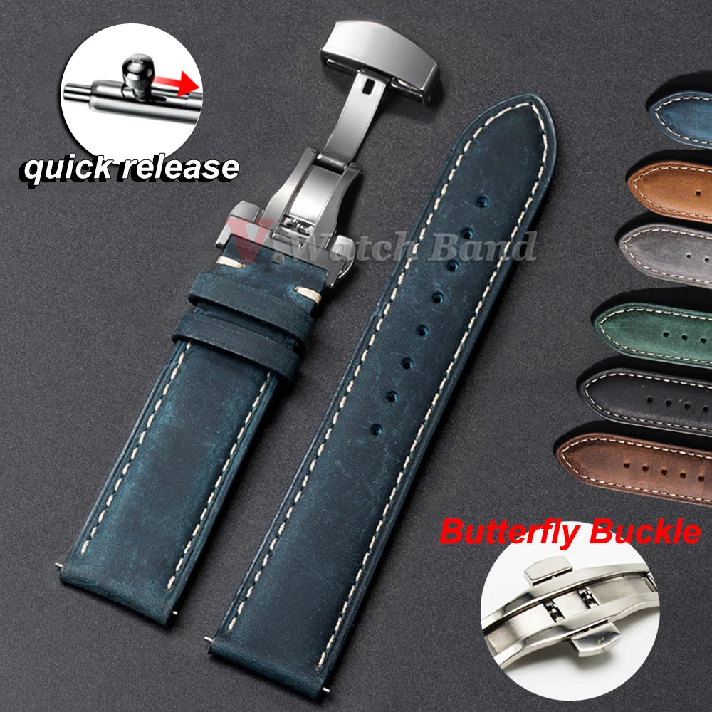 Genuine Calfskin Leather Watch Band 14–24mm for Omega & Seiko (Butterfly Buckle, Brown)