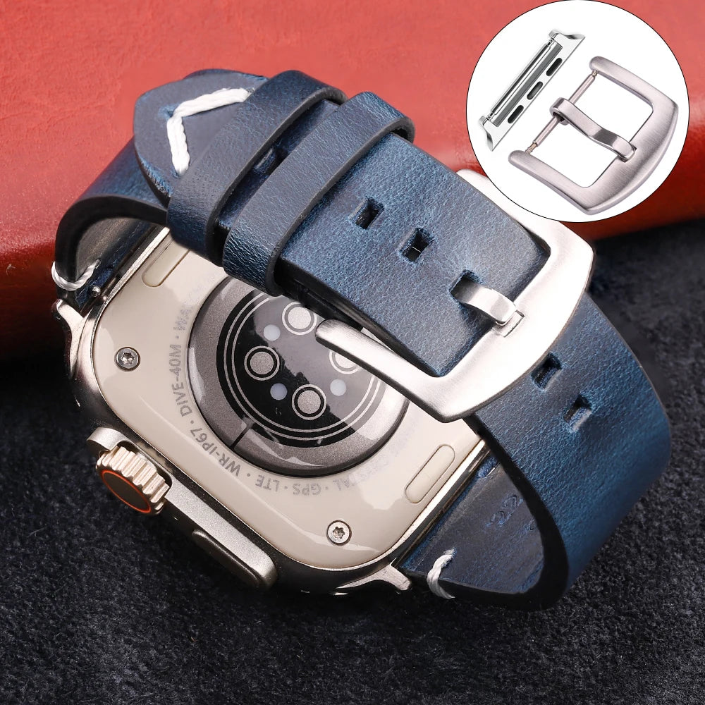 Handmade Vintage Leather Strap for Apple Watch 38-49mm Series 4-9, SE, Ultra