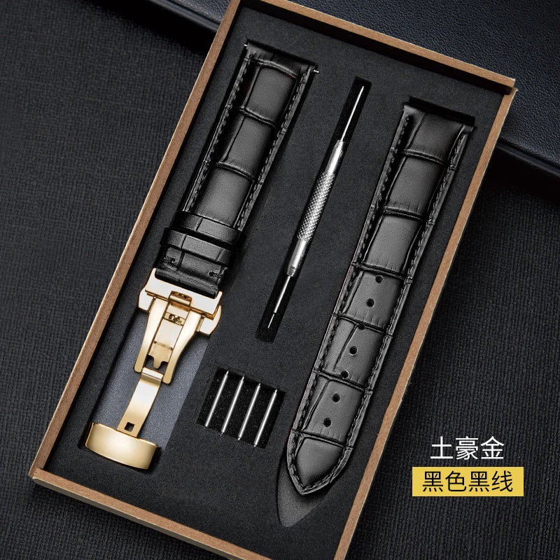 Genuine Leather Watch Band 18–24mm with Wooden Box & Butterfly Clasp