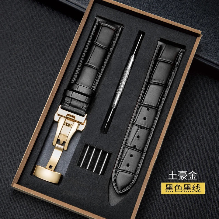 Genuine Leather Watch Band 18–24mm with Wooden Box & Butterfly Clasp