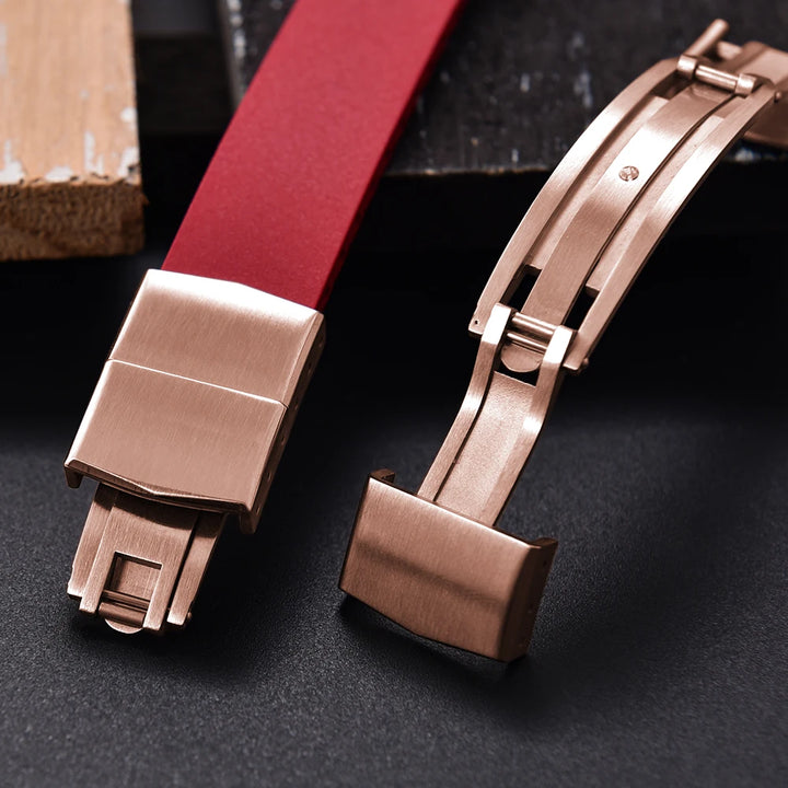 JUELONG CTS FKM Rubber Watch Strap 16–22mm Quick Release with Rose Gold Butterfly Buckle