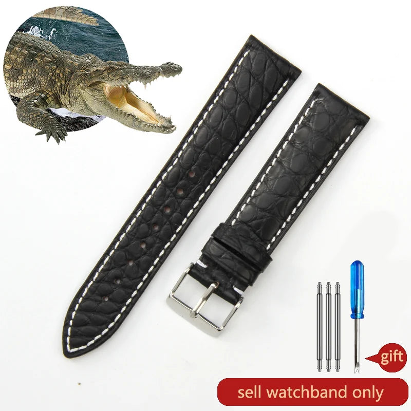 Crocodile Skin Genuine Leather Watch Band with Needle & Butterfly Buckle for