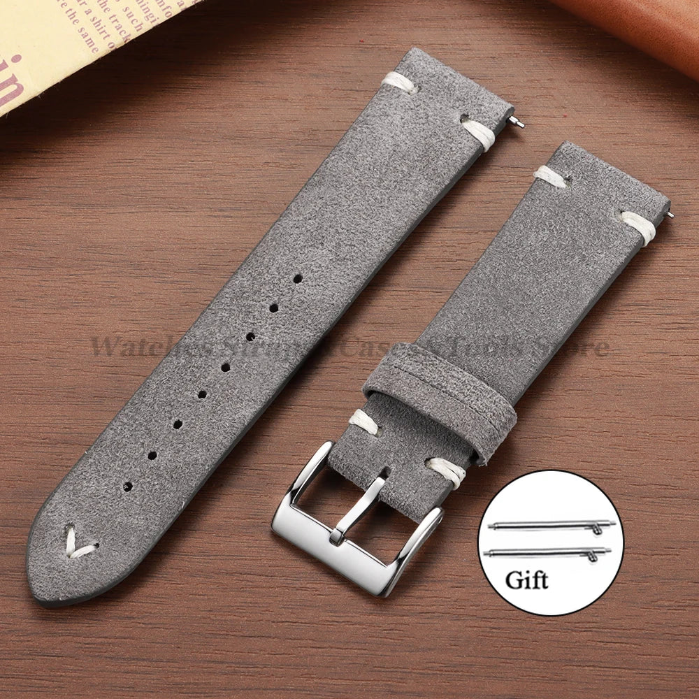Suede Leather Vintage Watch Strap – 18/20/22mm, Blue Quick-Release