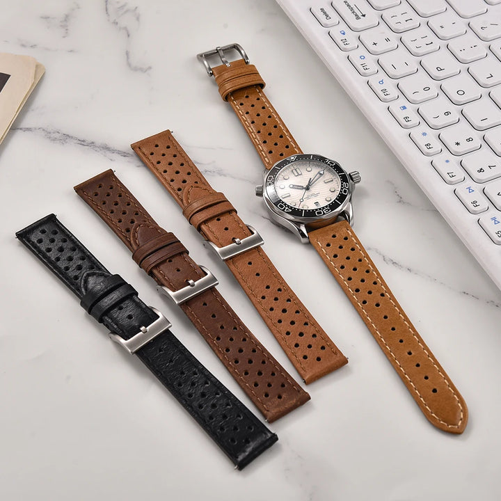 Breathable Leather Watch Strap 18-22mm Quick Release for Omega, Seiko