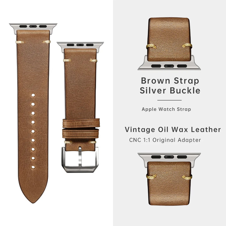 Leather Watch Band for Apple Watch, Ultra 49mm, Series 10 9, 8, 7, SE, 45mm, 44mm, 41mm, 40mm, Vegetable Tanned Leather Strap