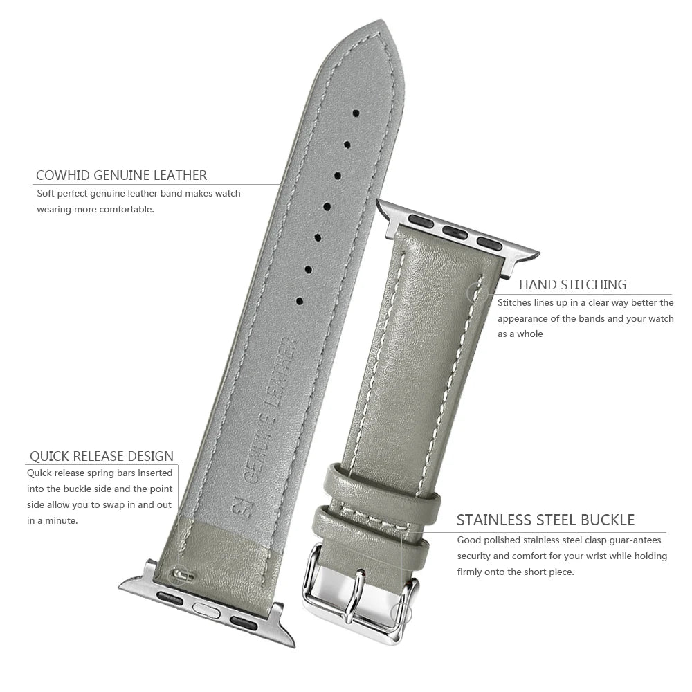 Genuine Leather Apple Watch Band 40–49mm for iWatch Series 3–8 & Ultra