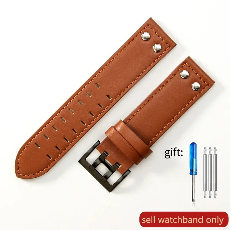 Double Row Hole Leather Watch Strap 20/22mm for Hamilton & Seiko