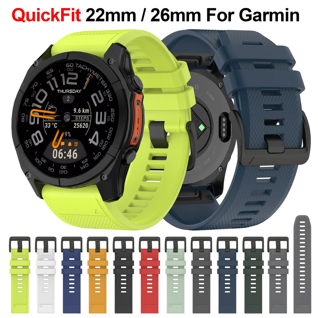 QuickFit Silicone Watch Strap 22/26mm for Garmin Fenix 5–8 & Epix Pro