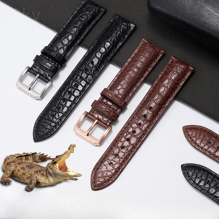 Crocodile Skin Genuine Leather Watch Band with Needle & Butterfly Buckle for