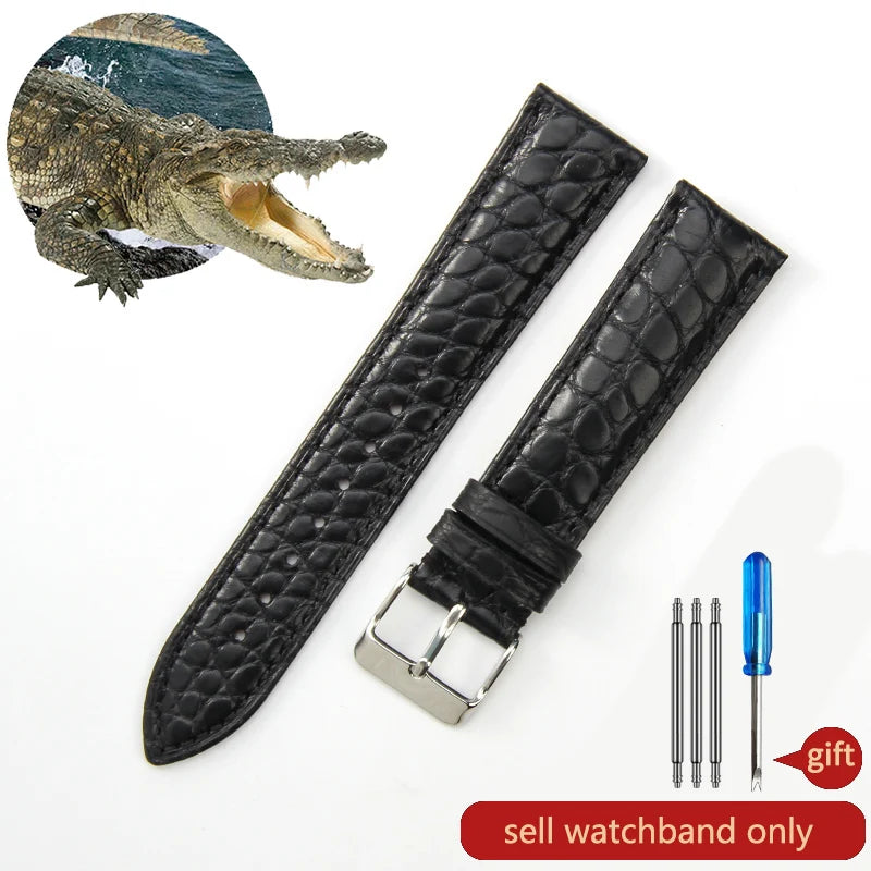 Crocodile Skin Genuine Leather Watch Band with Needle & Butterfly Buckle for
