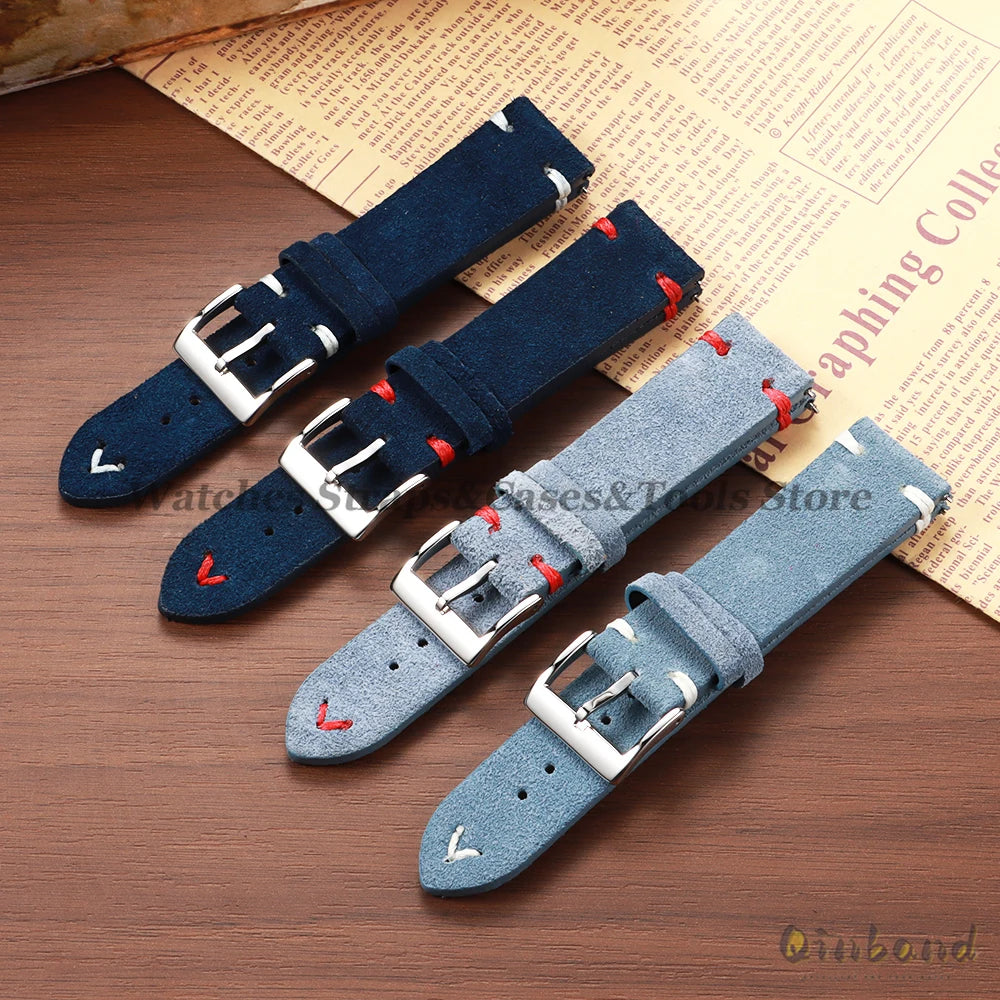 Suede Leather Vintage Watch Strap – 18/20/22mm, Blue Quick-Release