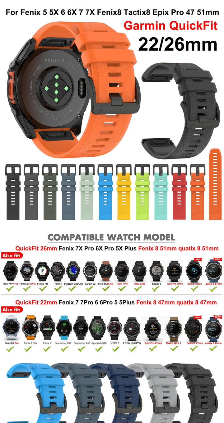 Silicone Watch Band for Garmin Fenix & Epix (22-26mm)