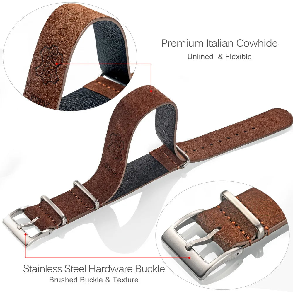 HEMSUT Genuine Suede Leather One-Piece Watch Strap 18-22mm Vintage Military Style