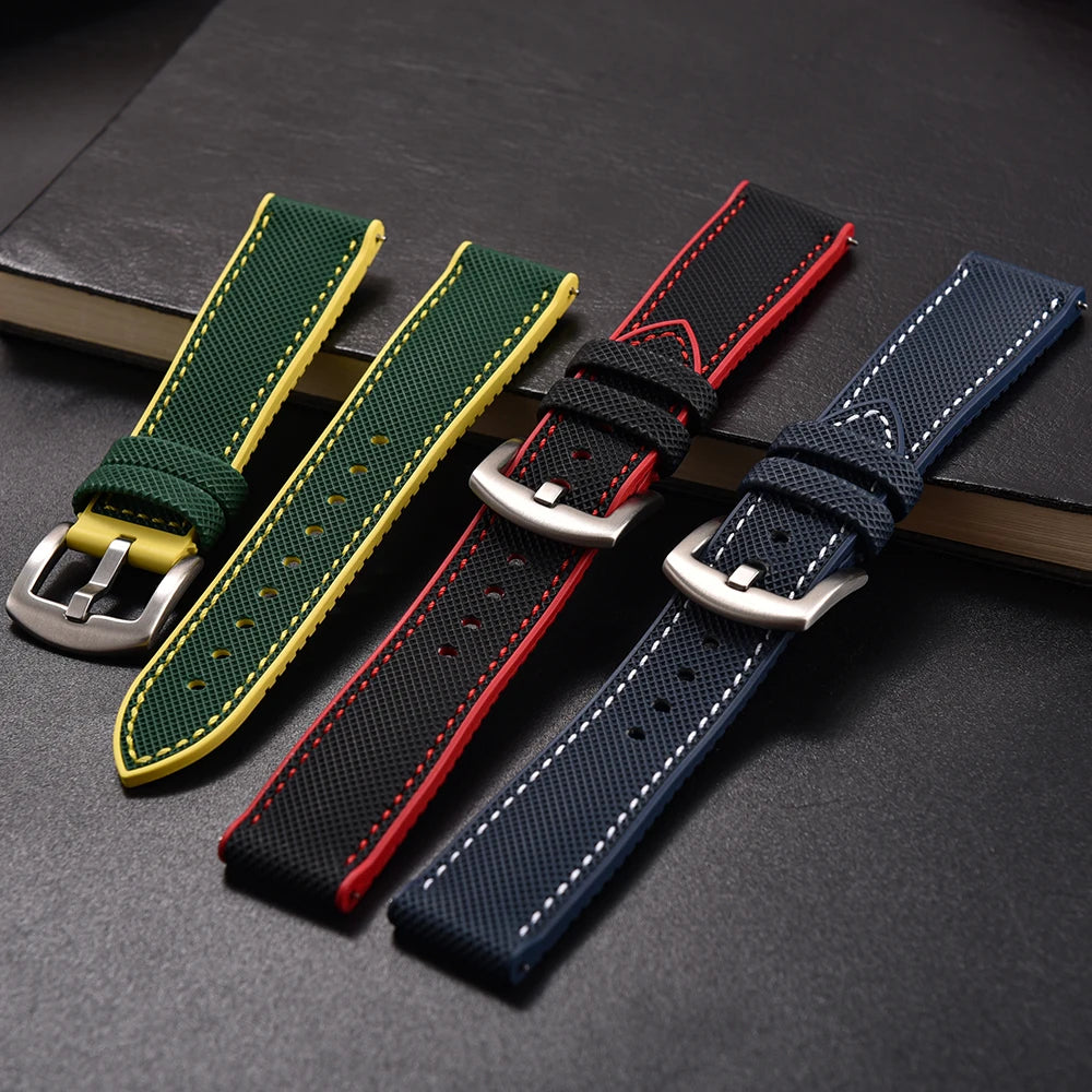 18/20/22/24mm FKM Rubber Watch Strap Quick Release Sailcloth Leather Watch Bands For Omega Seiko Tissot Watch Belt Accessories