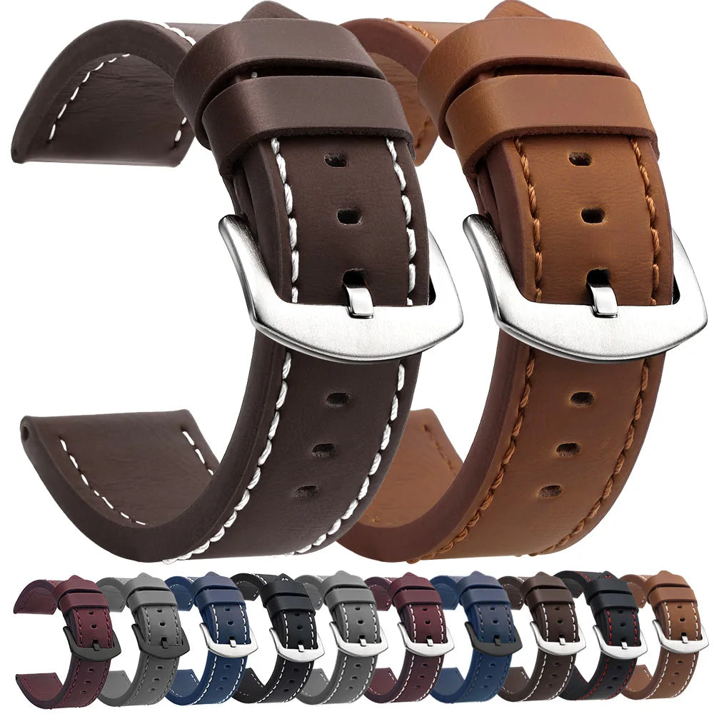 Fashion Vintage Leather Watch Strap – 18–24mm, Stainless Steel Buckle