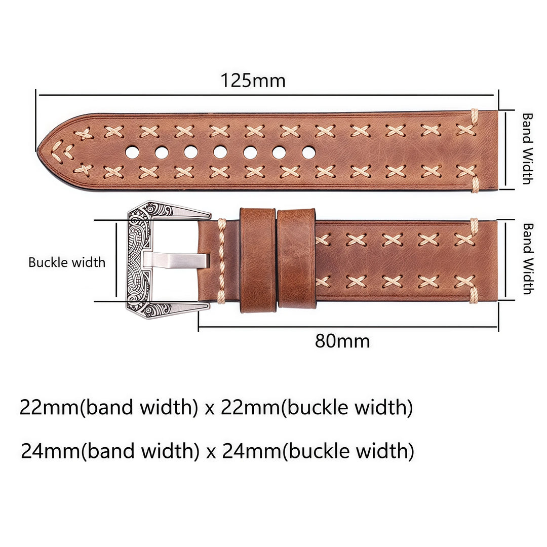 Handmade Genuine Leather Watch Strap 22–24mm with Retro Stainless Steel Buckle