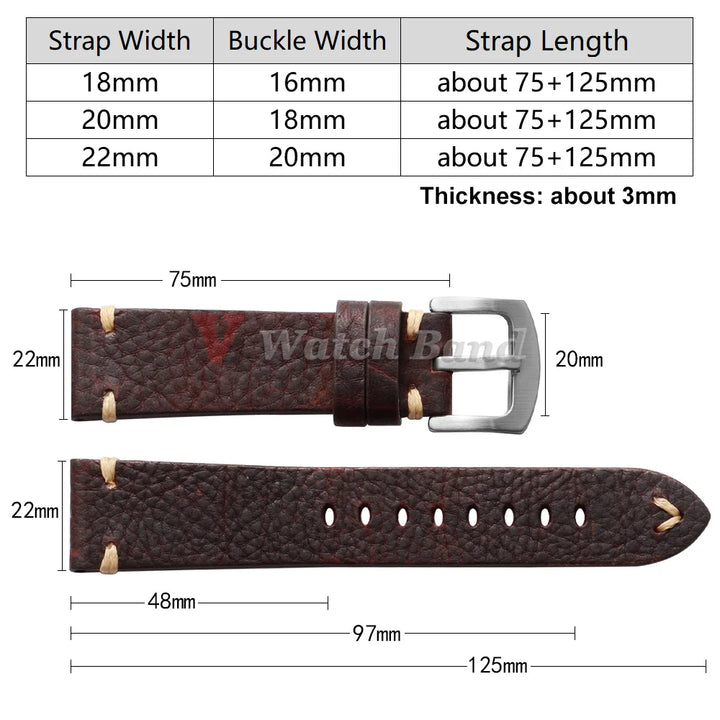 Genuine Cowhide Leather Watch Strap – 18/20/22mm, Vintage, Metal Buckle