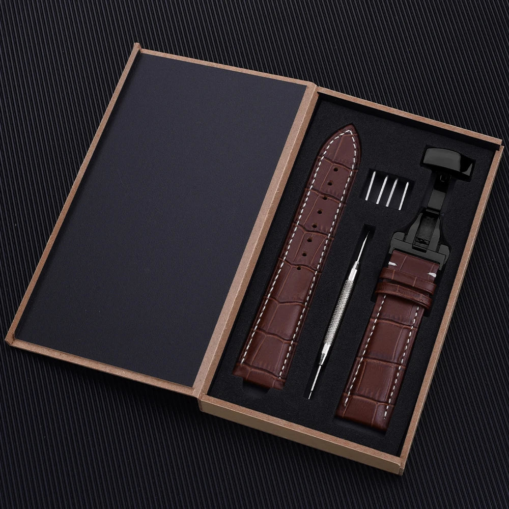Universal Cowhide Leather Watch Strap – 18-22mm with Butterfly Buckle
