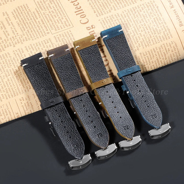 Stitching Cowhide Leather Watch Strap – 18–24mm, Vintage Brown, Butterfly Buckle