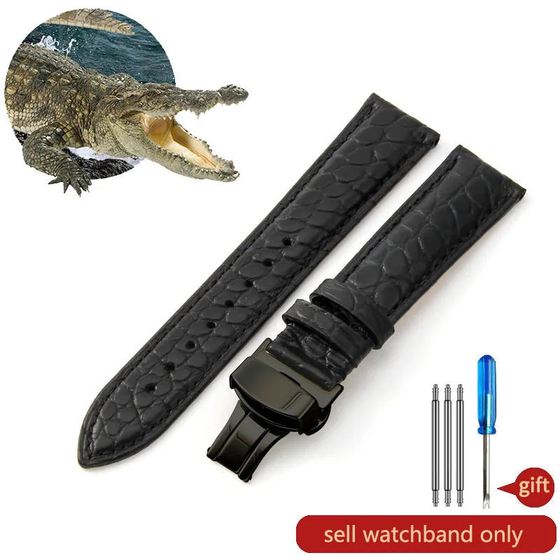 Crocodile Skin Genuine Leather Watch Band with Needle & Butterfly Buckle for