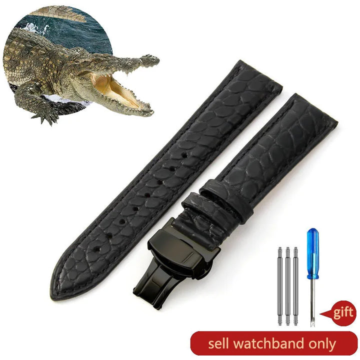 Crocodile Skin Genuine Leather Watch Band with Needle & Butterfly Buckle for
