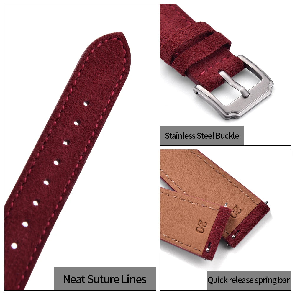 Soft Suede Leather Watch Strap – Quick Release, 18–22mm, Grey Vintage