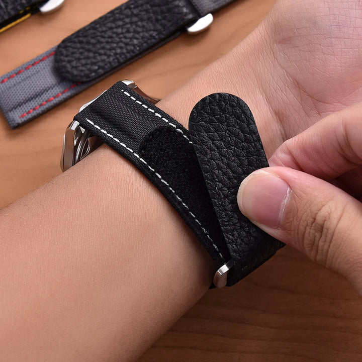 Premium Grade Hook And Loop Adhesive Watch Band Pale Blue Leather Nylon Watch Strap 20mm Watch Strap Watch Replacement Watchband