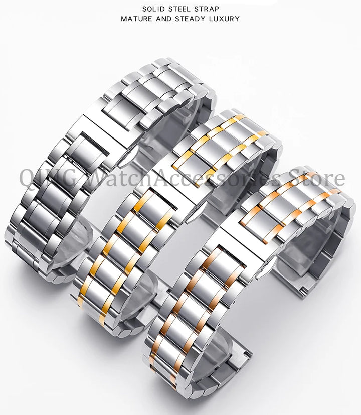 Arc Flat-End Stainless Steel Watchband – Universal, 12–24mm, Butterfly Clasp
