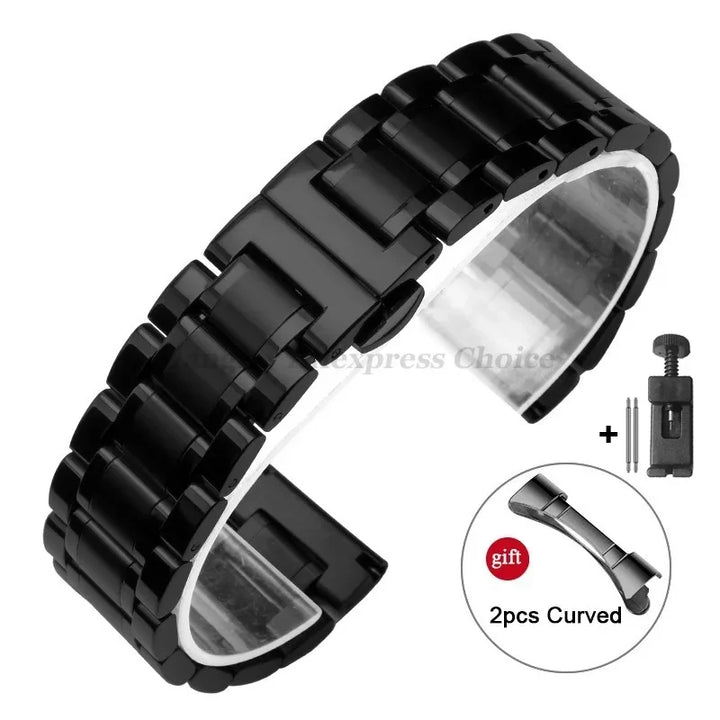 Curved-End Stainless Steel Watch Strap – 12–24mm, Butterfly Clasp