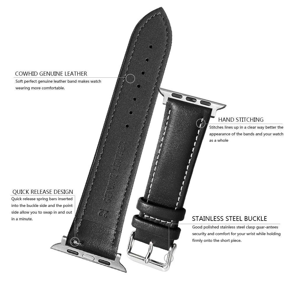 Genuine Leather Apple Watch Band 40–49mm for iWatch Series 3–8 & Ultra