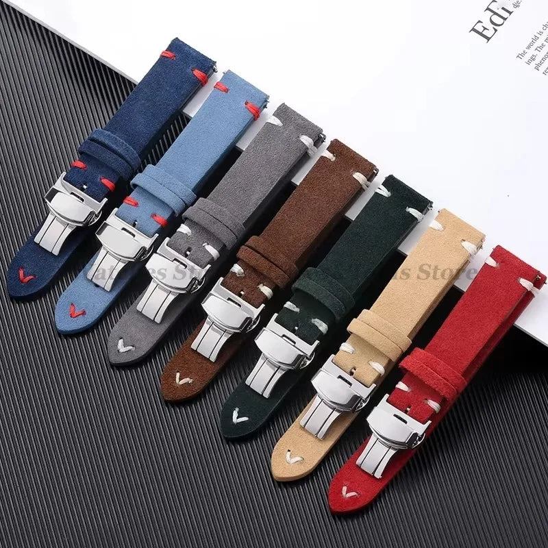 Suede Leather Watch Strap – 18/20/22mm, Universal with Butterfly Buckle