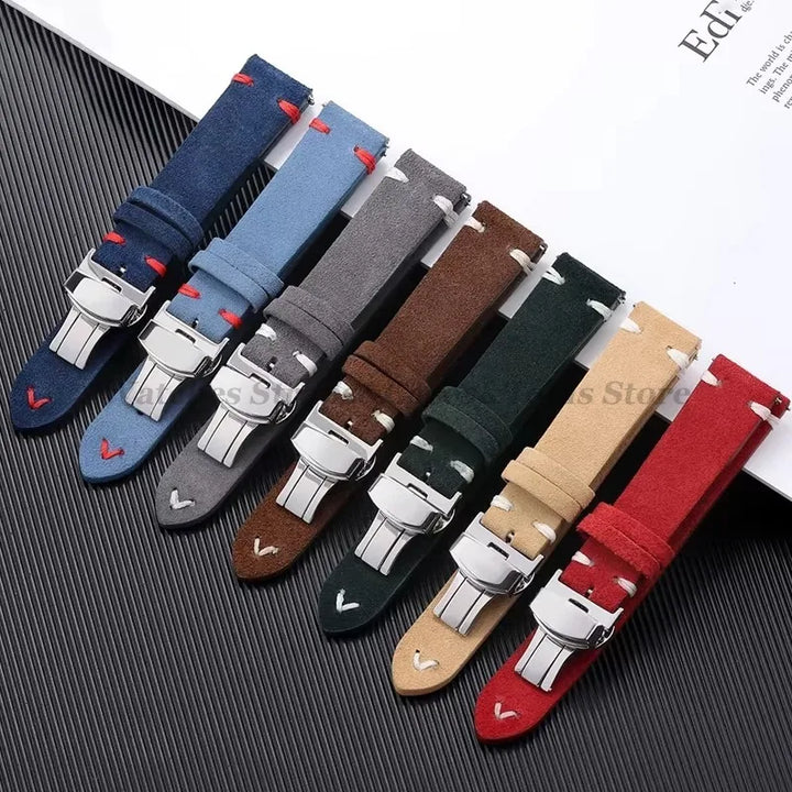 Suede Leather Watch Strap – 18/20/22mm, Universal with Butterfly Buckle
