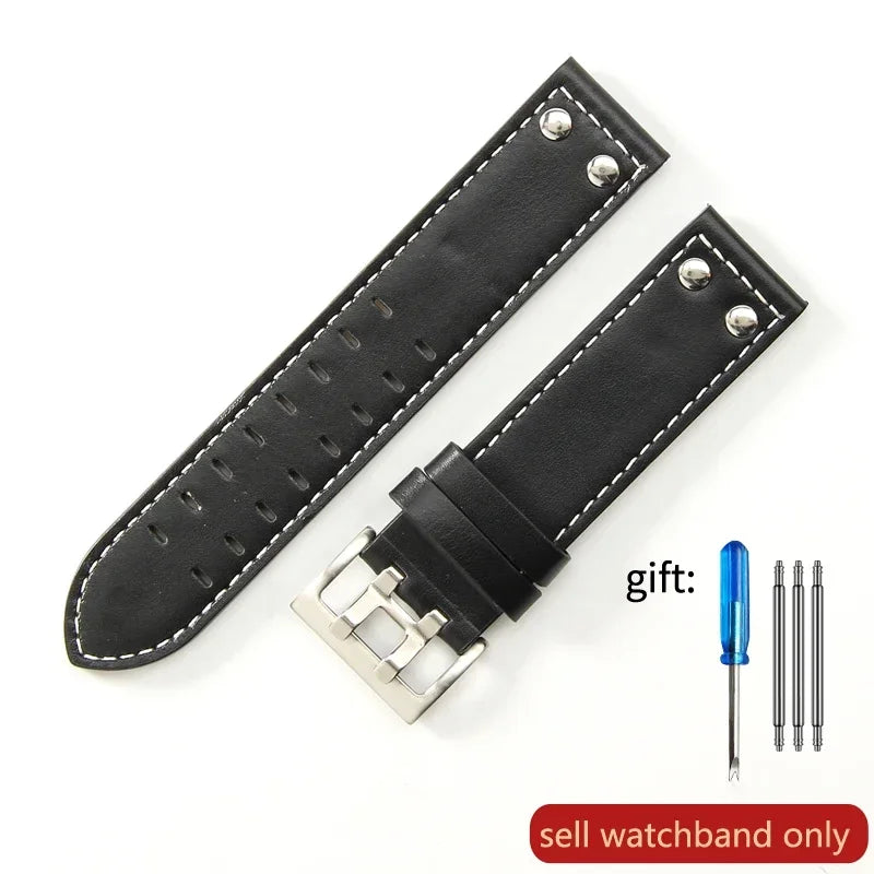 Double Row Hole Leather Watch Strap 20/22mm for Hamilton & Seiko