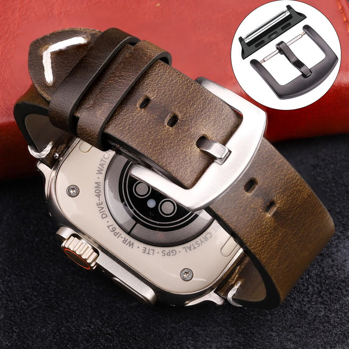 Handmade Vintage Leather Strap for Apple Watch 38-49mm Series 4-9, SE, Ultra
