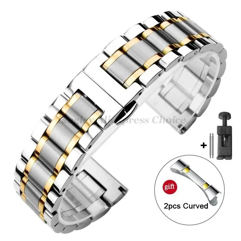 Curved-End Stainless Steel Watch Strap – 12–24mm, Butterfly Clasp