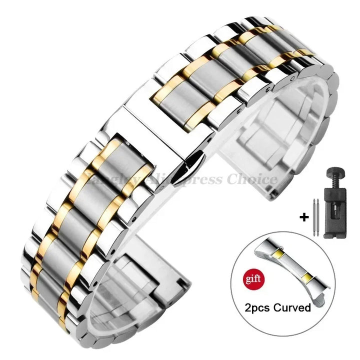 Curved-End Stainless Steel Watch Strap – 12–24mm, Butterfly Clasp