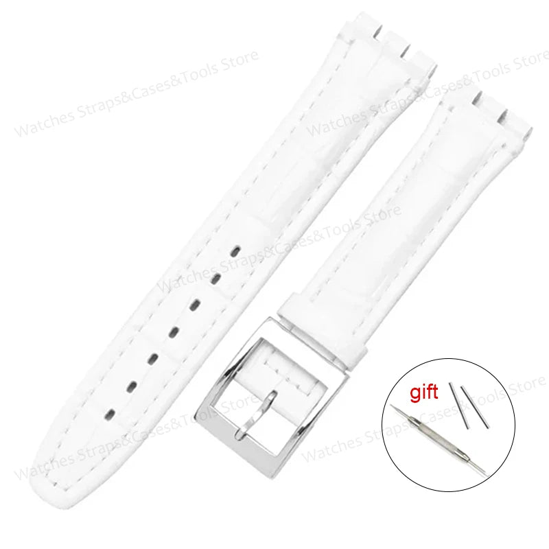 Genuine Leather Watchband for Swatch 17mm 19mm Strap Cowhide Bamboo Waterproof Metal Clasp Men Women Business Watch Accessories