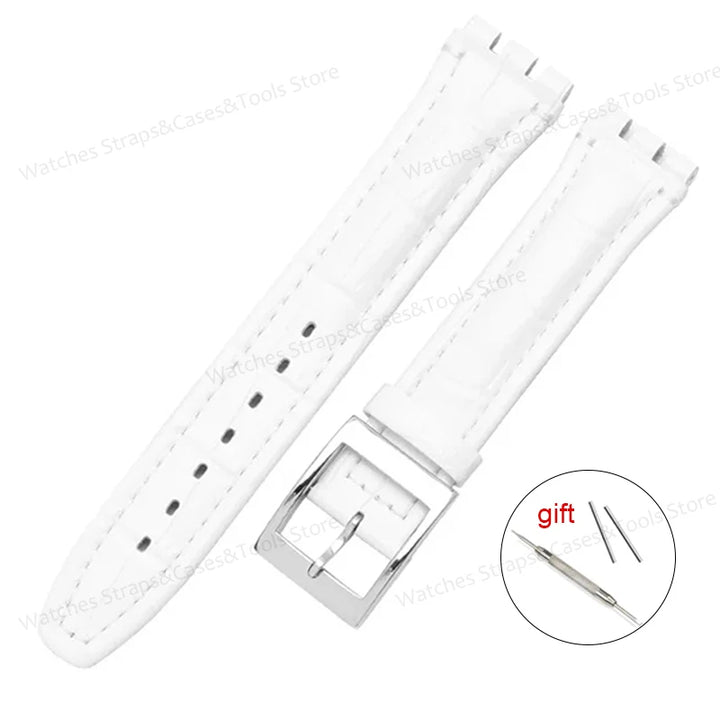 Genuine Leather Watchband for Swatch 17mm 19mm Strap Cowhide Bamboo Waterproof Metal Clasp Men Women Business Watch Accessories