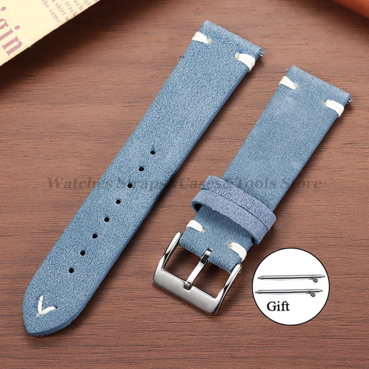 Suede Leather Vintage Watch Strap – 18/20/22mm, Blue Quick-Release