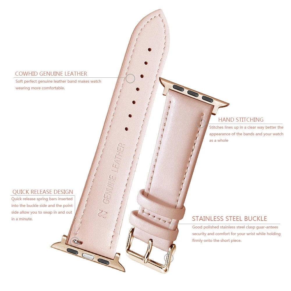 Genuine Leather Apple Watch Band 40–49mm for iWatch Series 3–8 & Ultra