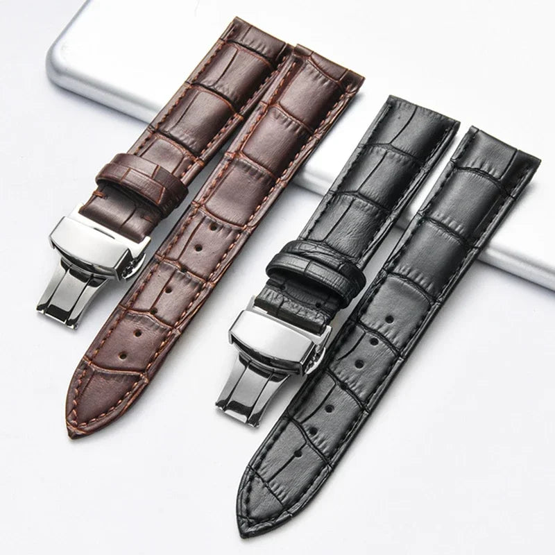 Genuine Leather Watch Strap with Butterfly Clasp (18–22mm)