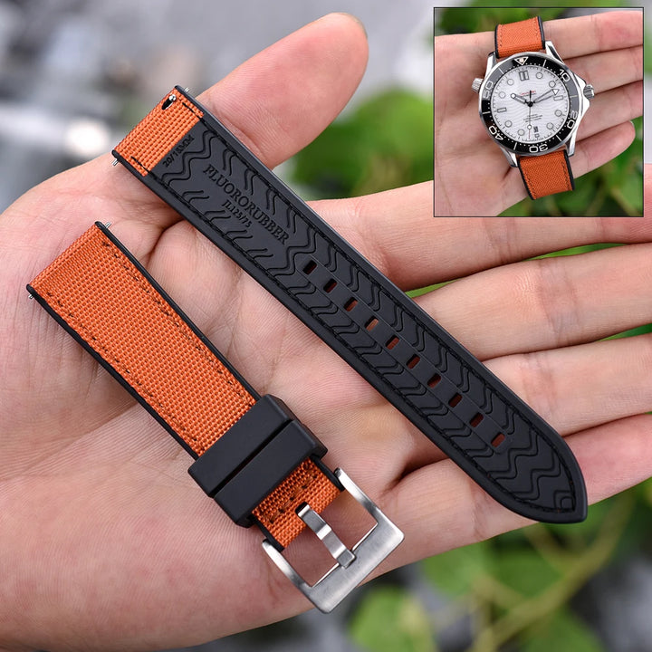 New Design Hybrid FKM Watch Strap 20mm 22mm Fluoro Rubber Canvas Nylon Watchbands Quick Release For Each Brand Diving Watches