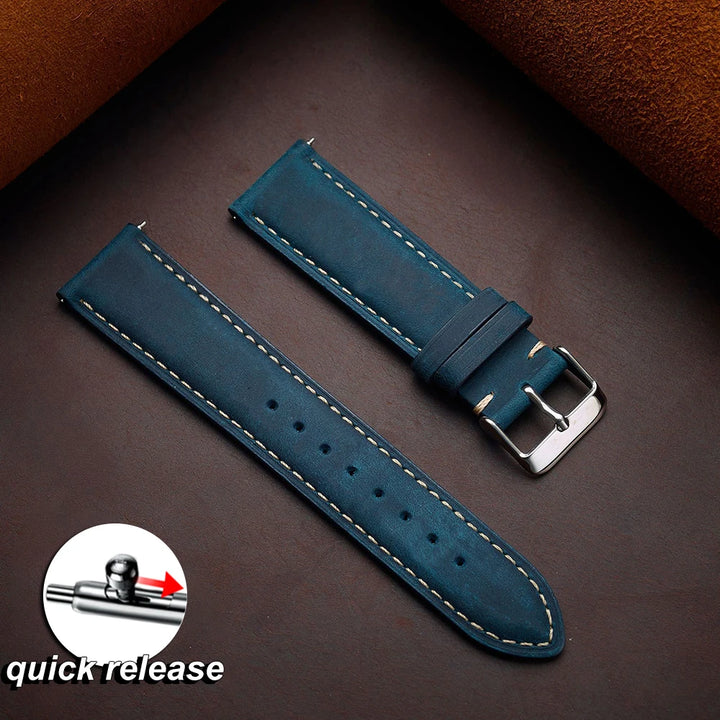 Vintage Dark Brown Cowhide Leather Watch Strap (14–24mm, Quick Release)