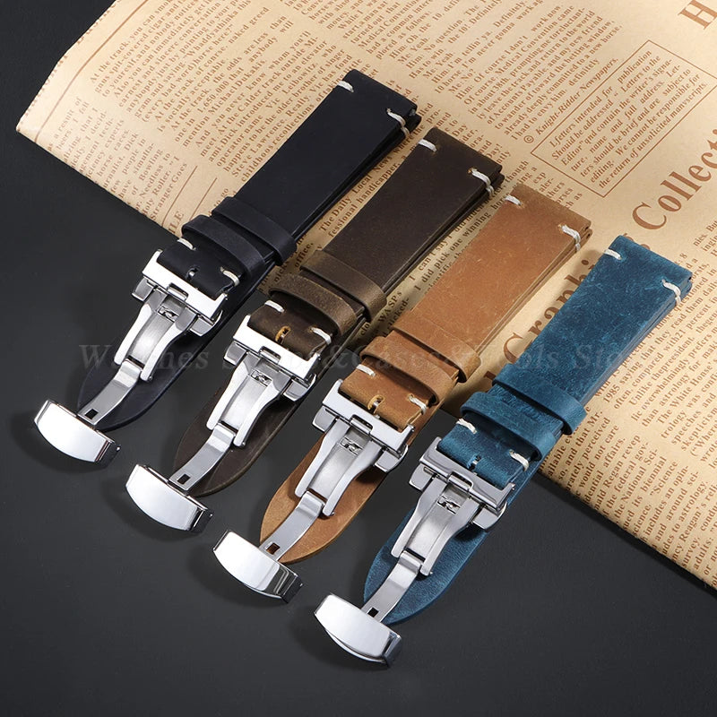 Stitching Cowhide Leather Watch Strap – 18–24mm, Vintage Brown, Butterfly Buckle