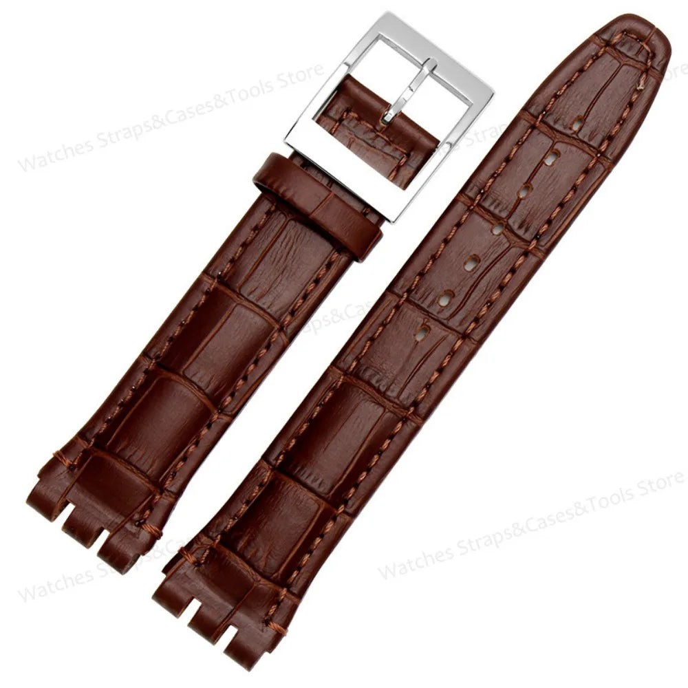 Genuine Leather Watchband for Swatch 17mm 19mm Strap Cowhide Bamboo Waterproof Metal Clasp Men Women Business Watch Accessories