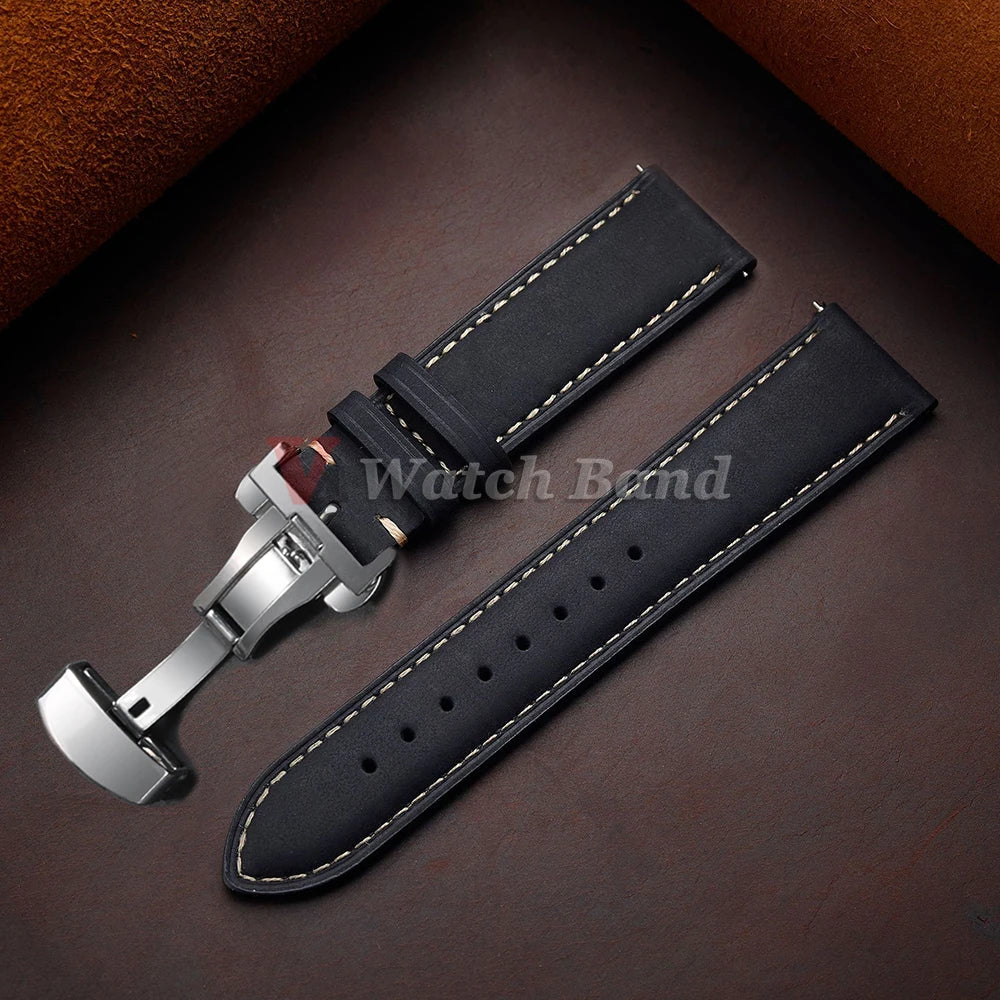 Genuine Calfskin Leather Band for Omega Business Watch Band for Seiko 14/16/18/20/22/24mm Butterfly Buckle Stitching Brown Strap